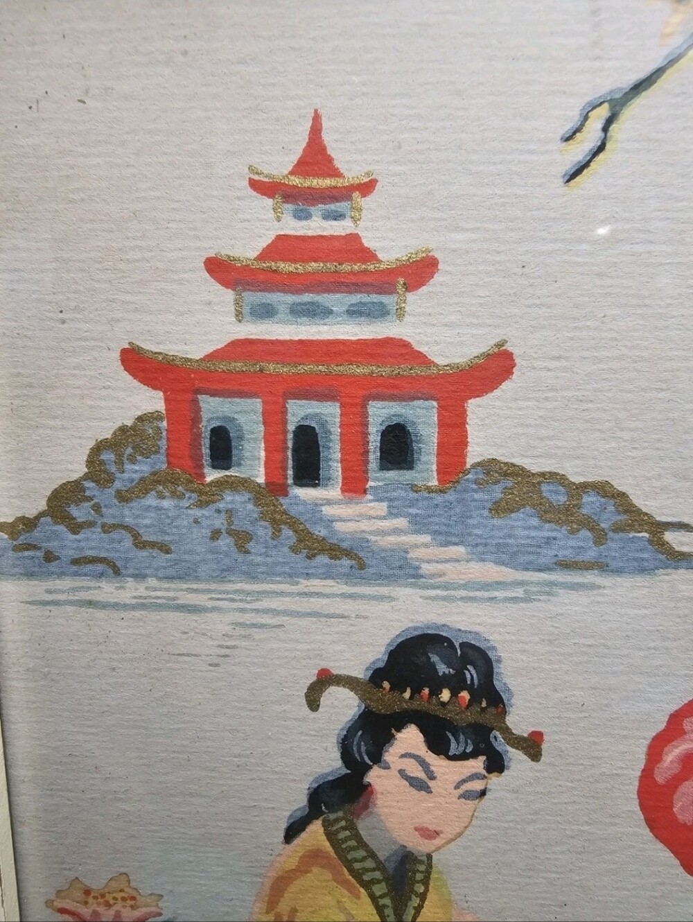 Mid-Century Japanese Signed Gouache Painting Vibrant Figures & Pagoda - Picture 6 of 15